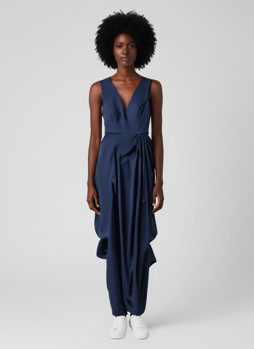 Modelo vestindo vestido longo azul