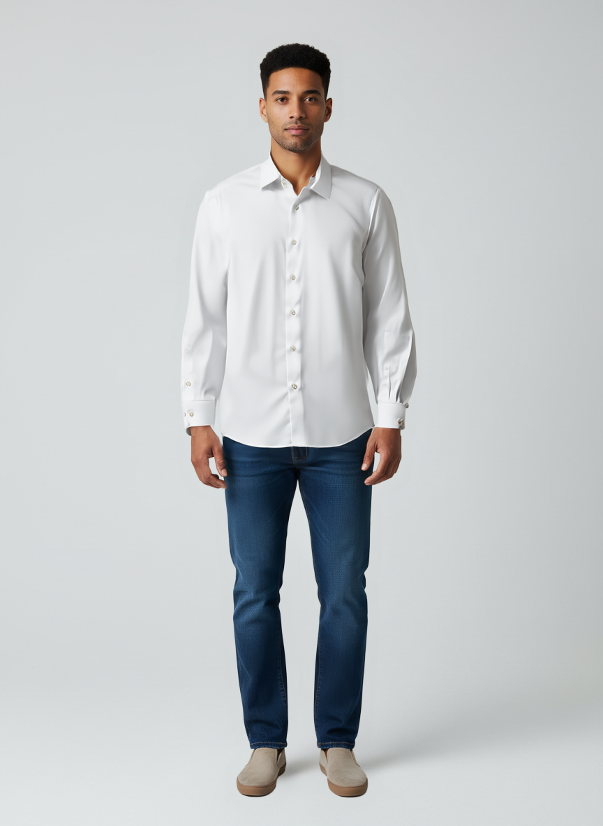 Modelo vestindo camisa branca